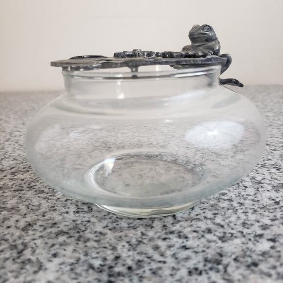 Vtg Metzke 70s Pewter Frog on Lily Pad Lid, Pattern Glass Potpourri Trinket Jar - Picture 5 of 8